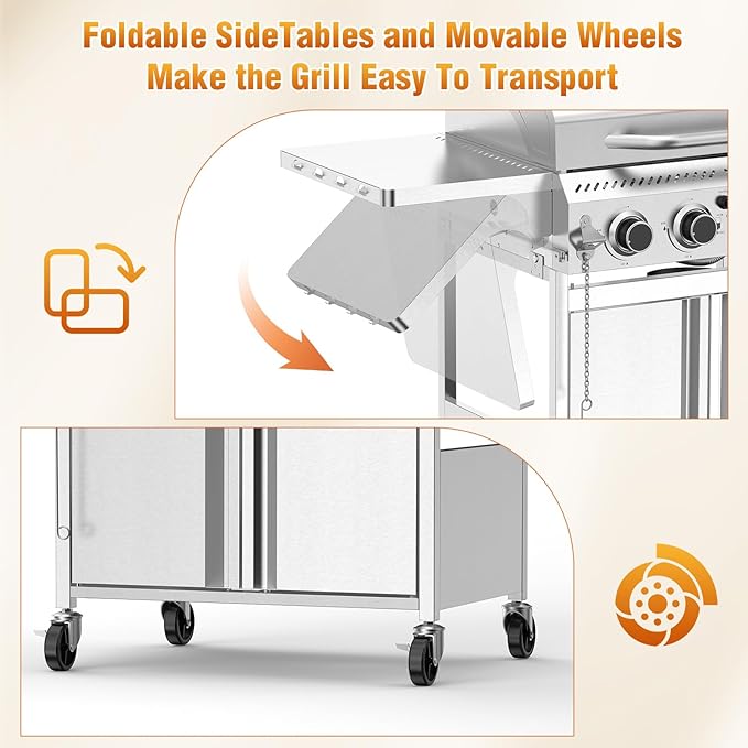 4-Burner Gas Grill,Propane Grill with Folding Side Shelf,Heavy-Duty Thickened Stainless Steel Grill,32,000 BTU BBQ Grill for Outdoor Cooking,Barbecue,Garden and Patio Backyard