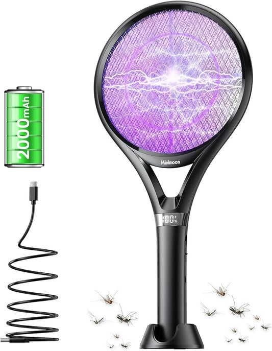 Minimoon Electric Fly Swatter with LED Display, 2000mAh Rechargeable Fly Swatter Racket, 2500V Bug Zapper Racket Dual Modes, Mosquito Killer Lamp with 3 Layers Safety Mesh for Indoor Outdoor Camping