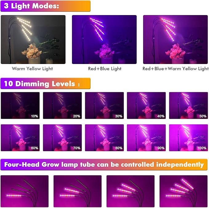 LED Plant Grow Lights for Indoor Plants Full Spectrum, Floor UV Plant Lights for Indoor Growing with Stand (14"-63"), Plant Grow Lamp with Timer, Auto On/Off for House Plants in Winter