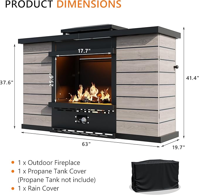 63.0''x37.6'' Outdoor Propane Fireplace, 50,000 BTU Vent-Free Gas Heater, CSA Certified Grey & Black Weather-Resistant Steel, Realistic Ceramic Logs, Rain Cover Included