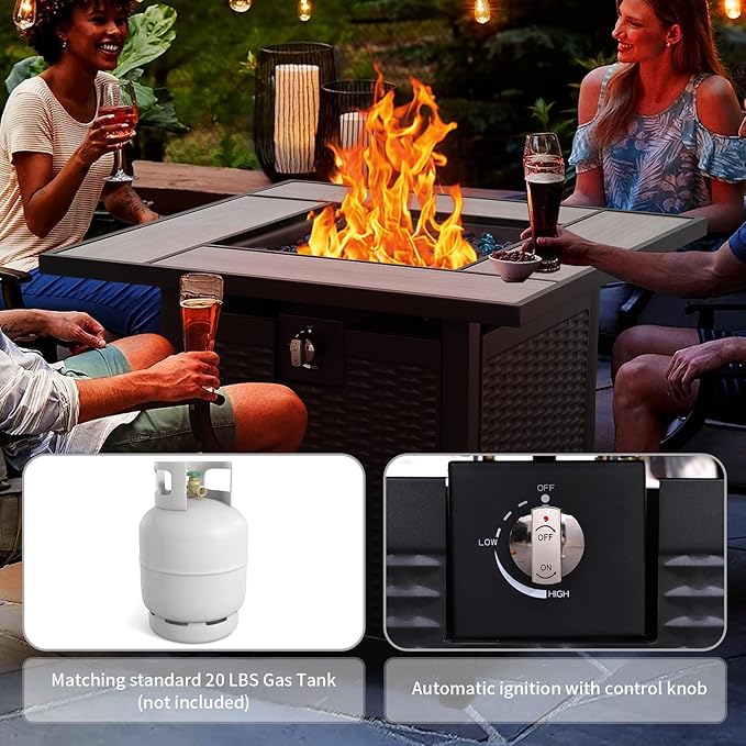 30 Inch Fire Tables 50000 BTU Outdoor Fire Pits for Outside Steel Gas Fire Table with Fire Pit Lid Wooden Marble Tabletop and Waterproof Cover