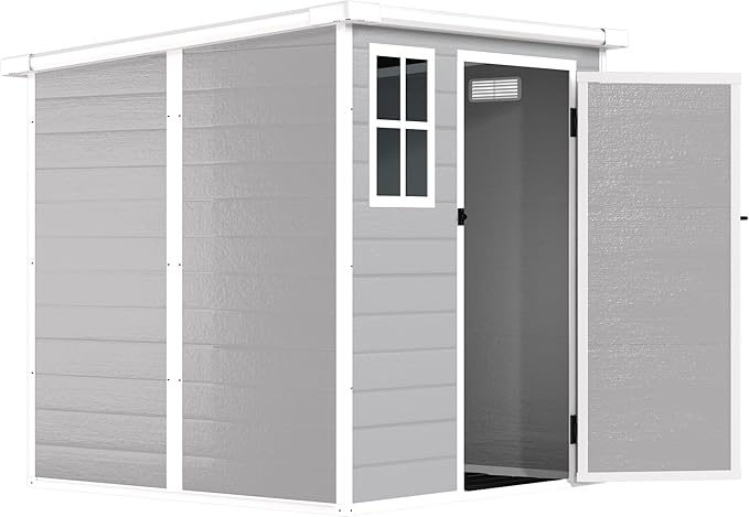Outdoor Storage Shed 6x6 FT, Resin Lean to Shed with Floor, Window, Lockable Door, Waterproof Outside Sheds Patio Furniture Tool Shed for Bike, Garbage Can, Lawn Mower (Grey, 6 * 6ft)