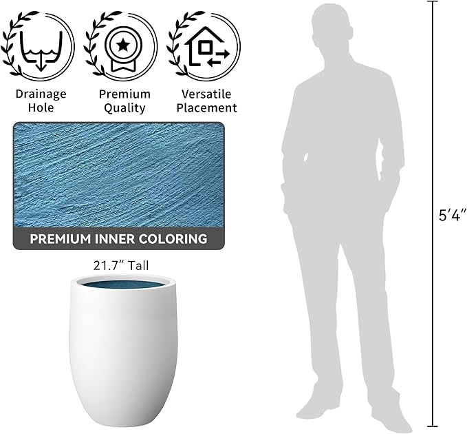 Kante 21.7 Inch Tall Concrete Planter, Large Indoor Outdoor Plant Pot with Drainage, Smooth White Finish with Aqua Blue Interior, Ideal for Porch, Home, Garden, Patio