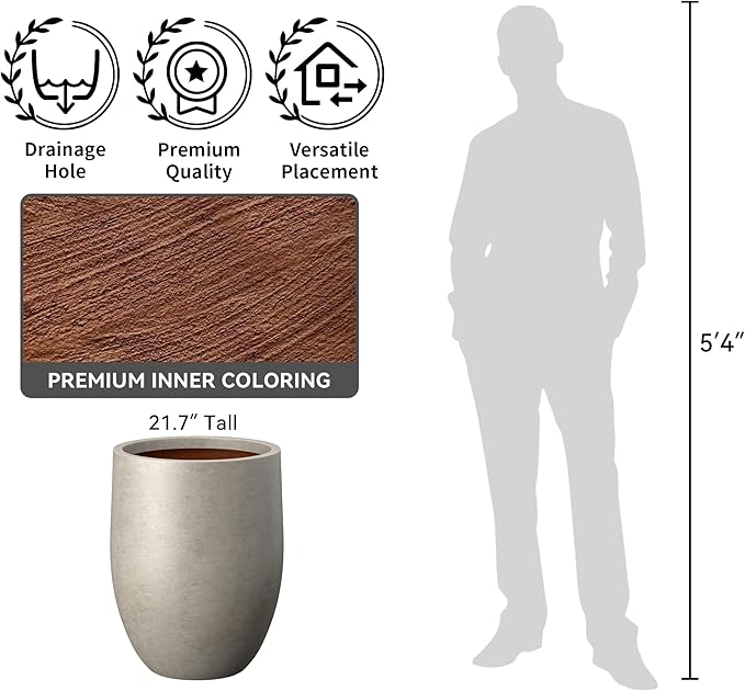 Kante 21.7 Inch Tall Concrete Planter, Large Indoor Outdoor Plant Pot with Drainage, Smooth Weathered Concrete Finish with Warm Brown Interior, Ideal for Porch, Home, Garden, Patio