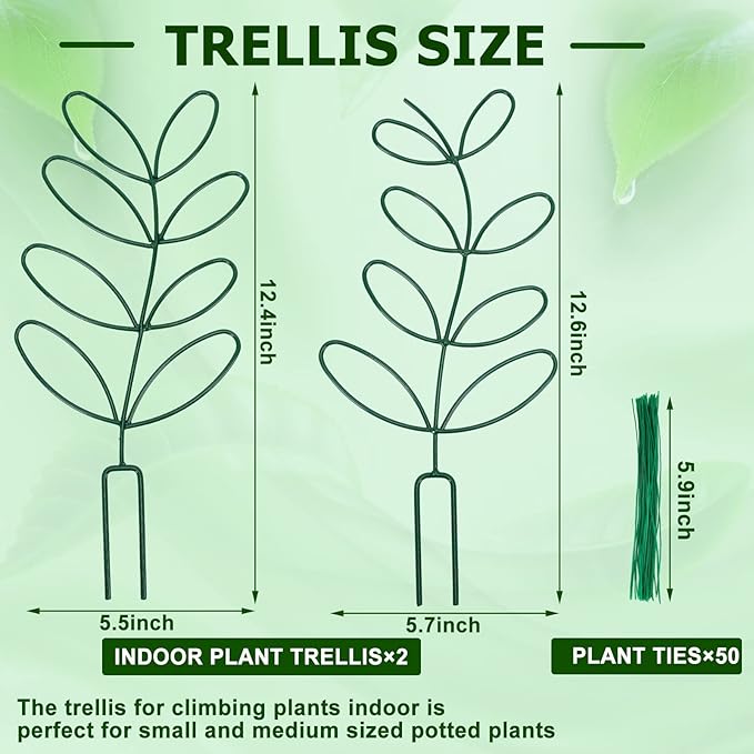 AUGSUN 2 Packs Plant Trellis Garden Trellis Plant Stakes Trellis for Climbing Plants Indoor Plants Metal Leaf Shape Plant Support for Houseplants with 50 Ties Plant Lover Gift (Green)