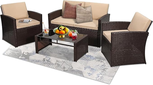 4 Pieces Patio Conversation Set, Outside Rattan Sectional Sofa, Cushioned Furniture Set, Wicker Sofa Ideal for Garden, Porch, Backyard, Brown Color Rattan and Beige Cushion