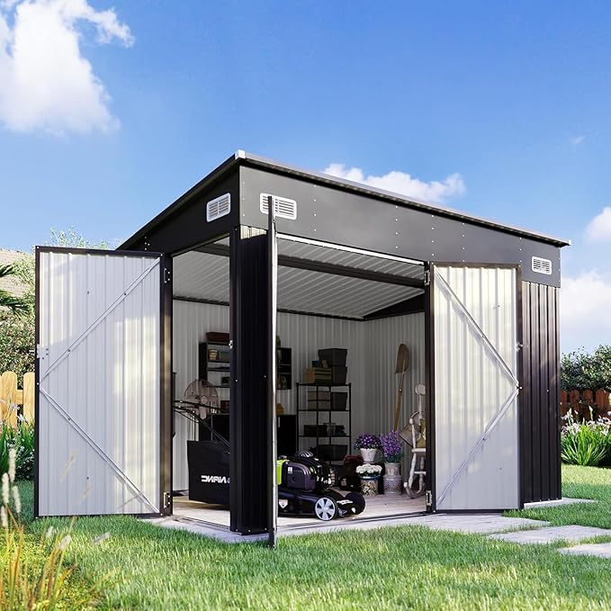 Aoxun 9.5'x7.5' Triple Door Shed Outdoor Storage Shed with Three Lockable Door for Easily Accessing Metal Storage Cabinet with Slopping Roof for Tools Bicycles Storage for Garden, Backyards (Black)