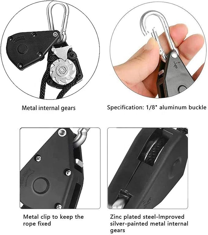 Grow Light Rope Hanger 2Pairs， Adjustable Rope Ratchet Hangers 150 Lbs per Pair with Stainless Steel 2.5" S Hook