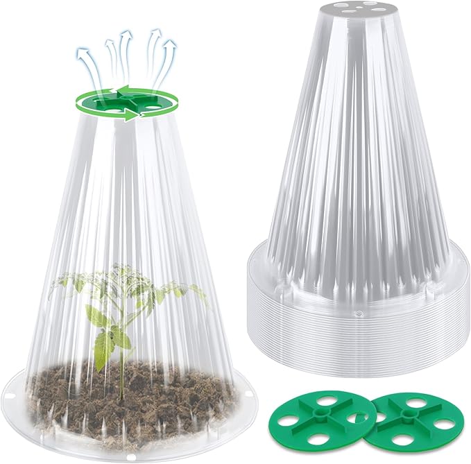 UQM 30 Pack Garden Cloches for Plants, Reusable Bell Plant Protector with Rotary Vent Cover, Garden Protection from Animals Snails Birds Chickens Insect, 9.44" H X 8.07" D (Clear)