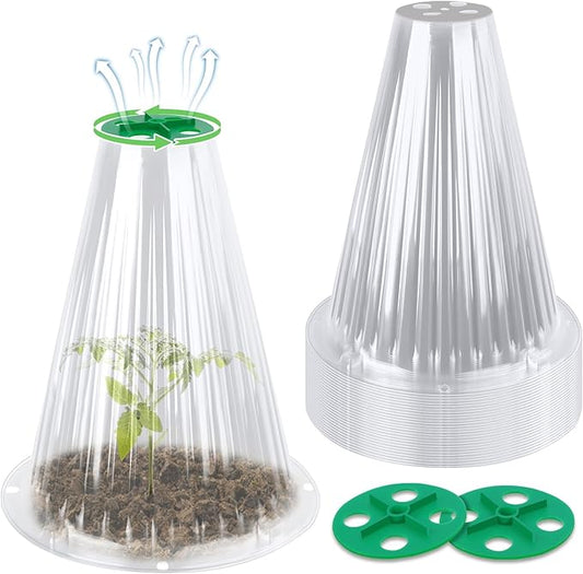 UQM 30 Pack Garden Cloches for Plants, Reusable Bell Plant Protector with Rotary Vent Cover, Garden Protection from Animals Snails Birds Chickens Insect, 9.44" H X 8.07" D (Clear)