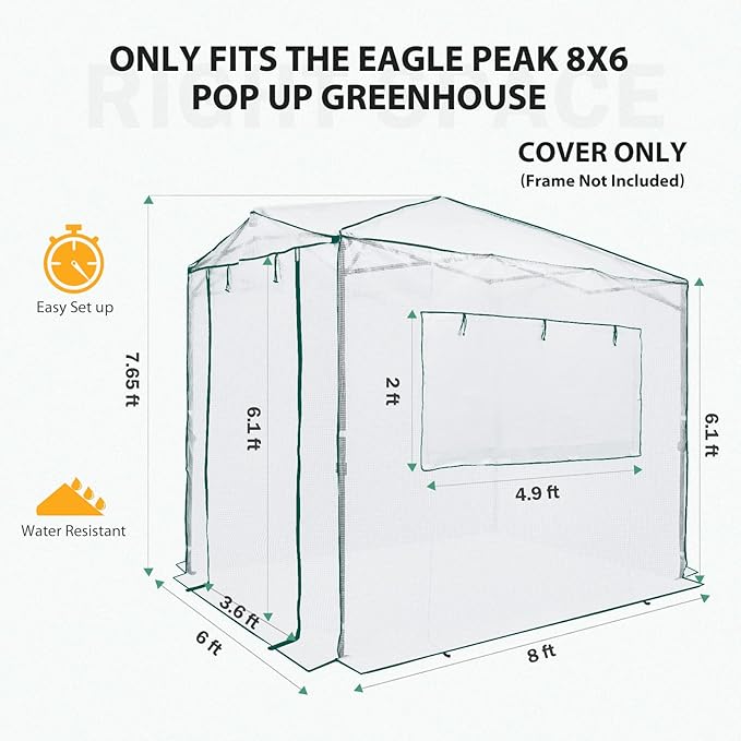 EAGLE PEAK Replacement Cover for 8x6 Portable Walk-in Pop up Greenhouse, Front and Rear Roll-Up Zipper Entry Doors and 2 Large Roll-Up Side Windows (Frame Not Included), White