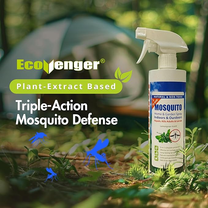 EcoVenger Mosquito Killer by EcoRaider Triple-Action Spray 16 oz, Kills All Stages + Larvae Control + Lasting Repellency, Indoor & Outdoor, Citrus Scent, Non-Toxic Plant Based Formula