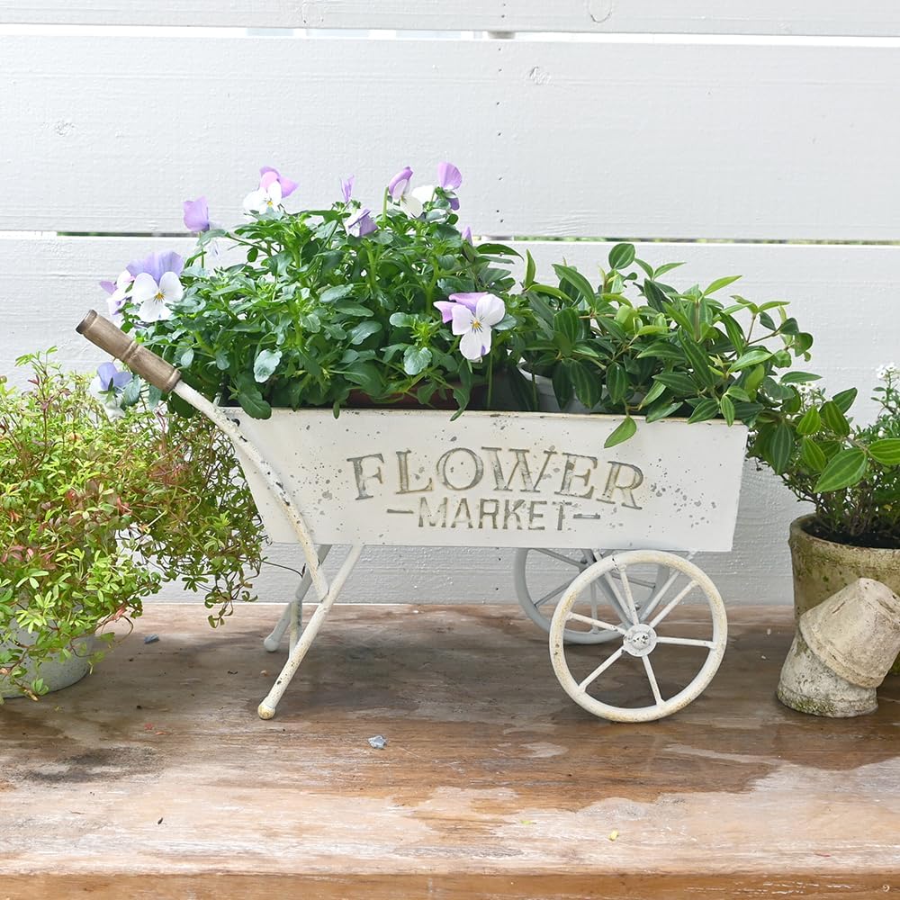 15 Inch Farmhouse Small Flower Cart with Wooden Handles Metal Wagon Planters for Outdoor Plants Decorative Wheelbarrow Plant Cart for Patio Garden Balcony Golden