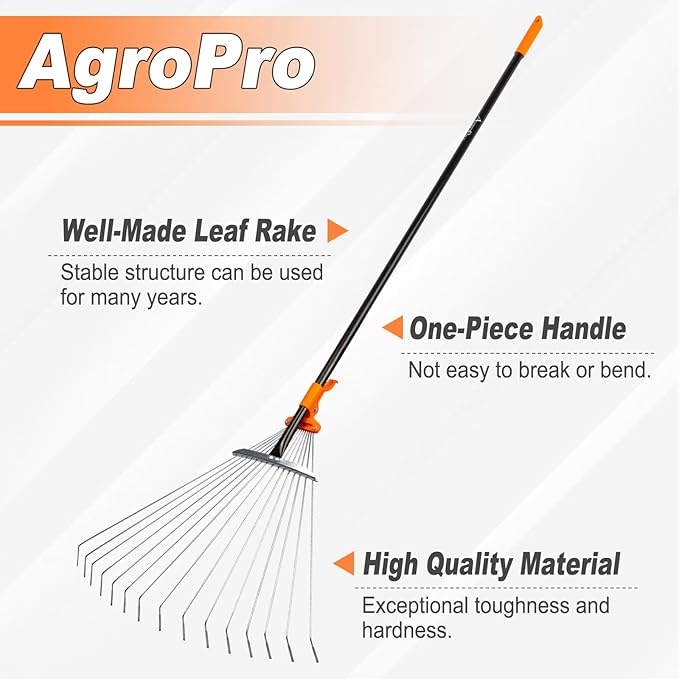 Leaf Rake for Lawns, Adjustable Garden Rake for Leaves with Long Handle, 61 Inches