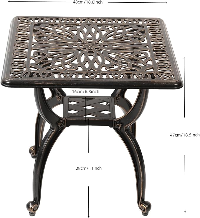 KAILI Outdoor Cast Aluminum Side Table Patio Side Table Backyard, Pool, Indoor, Easy Maintenance and Weather Resistant Coffee Table Porch Table Bistro Table (18.5square-Bronzed)