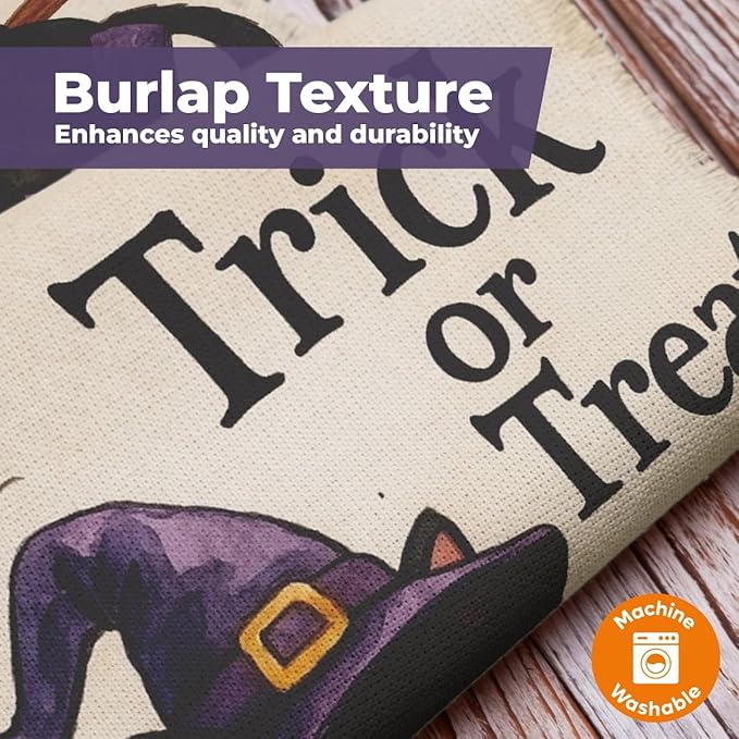 Halloween Garden Flag 12x18 – Trick or Treat Black Cat & Pumpkin with Broom Stick & Spiderweb – Double Sided Burlap Halloween Flags for Outside, Fits Garden Flag Poles