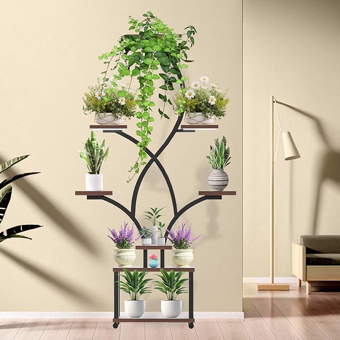 Indoor Plant Stand with Grow Lights ，Stylish S-Shaped Metal Rack for Multiple Indoor Plants ，8-Tiered Tall Plant Shelf for Home and Patio ，Perfect for Plant Lovers