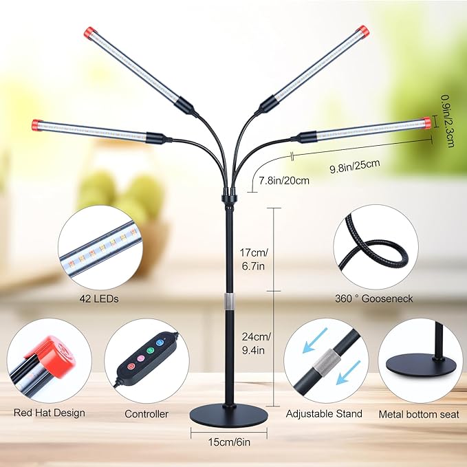 4-Head Table Top Grow Lights for Indoor Plants, Seed Starting, Bonsai with Timer, 36W Power Home Plug, FECiDA 2025 Full Spectrum Plant Growing Lamps, 16"-24" Height Adjustable