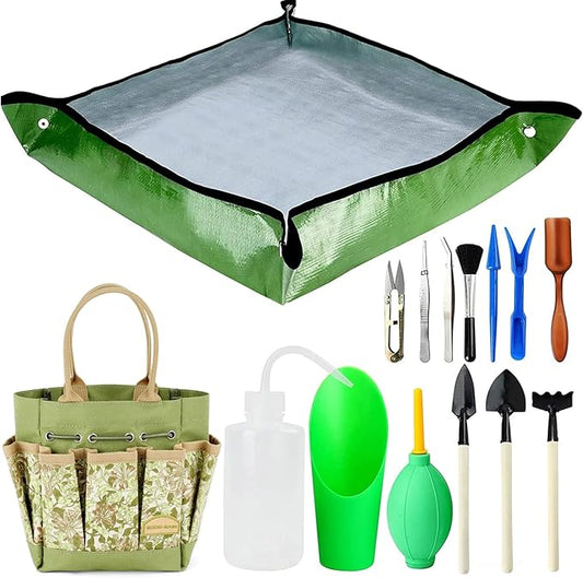 G GOOD GAIN Garden Succulent Kit with Organizer Bag, 14 Pieces Succulent Tools, Indoor Mini Hand Gardening Tools Set with Carrier for Bonsai Planter Miniature Fairy Planting Care(Honeysuckle)