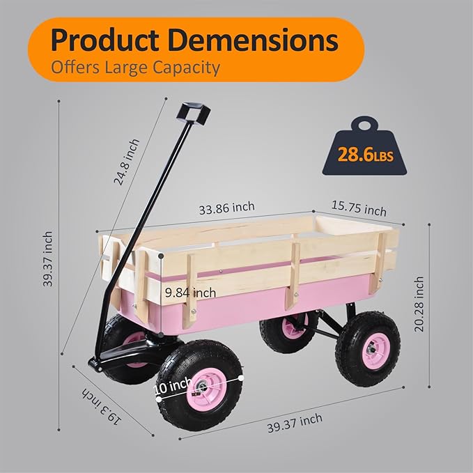 176 lb Kids Wagon Cart, 85L Large Capacity Durable Outdoor Tool Cart, Heavy Duty Cargo Wagon, Steel and Wooden Side with 10 Inch Inflatable Wheels, for Kids, Toys, Sport, Shopping (Pink)