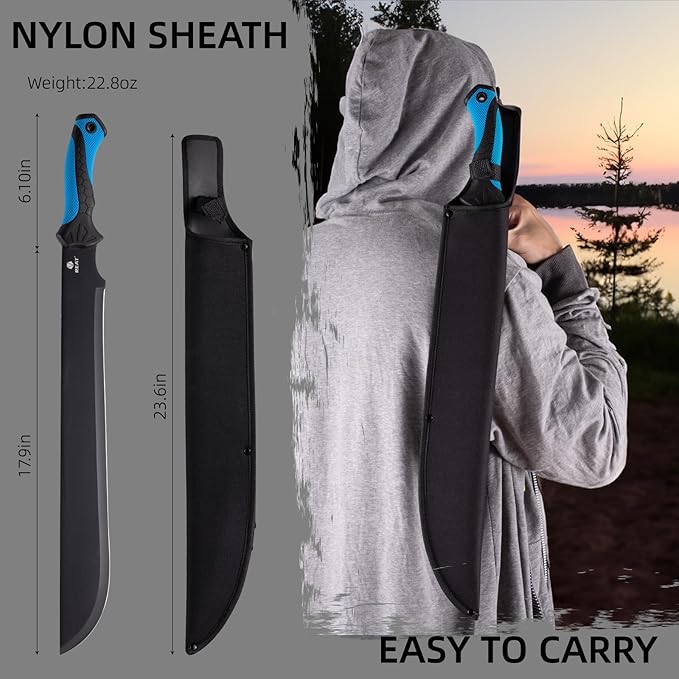 REAT Gardening Heavy Duty Machete,24" Full Tang Machete with Shaeth,Ergonomic No-Slip Handle,Machetes for Bushcraft, Outdoor Hunting, Garden Cutting Trees and Yard Work (Blue)