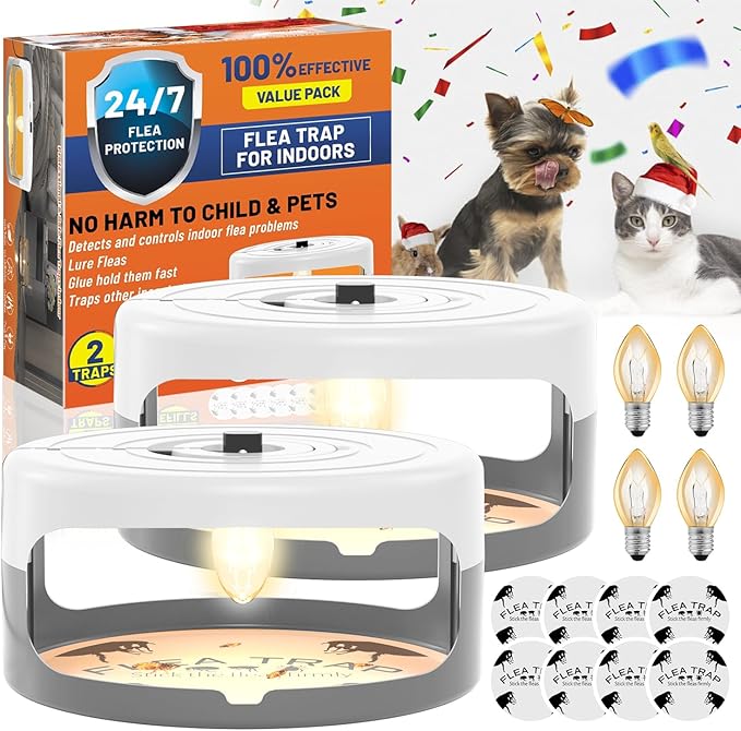 2 Pack Flea Traps for Inside Your Home, Indoor Flea Light, Bed Bug Killer with 8 Sticky Pads & 4 Light Bulb, Odorless Natural Insect Infestation Treatment Trap for Kid Pet