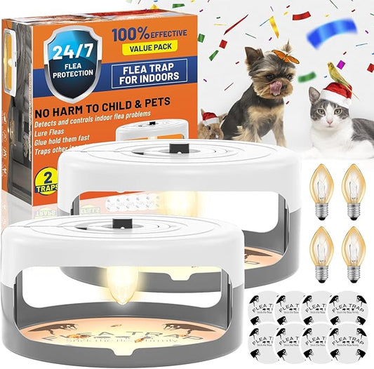 2 Pack Flea Traps for Inside Your Home, Indoor Flea Light, Bed Bug Killer with 8 Sticky Pads & 4 Light Bulb, Odorless Natural Insect Infestation Treatment Trap for Kid Pet