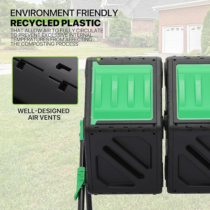 Magshion 34 Gal Dual Chamber Compost Tumbler from BPA Free Material, Outdoor All-Season Fast-Working High Volume Composter Tumbling Bin, Sliding Doors