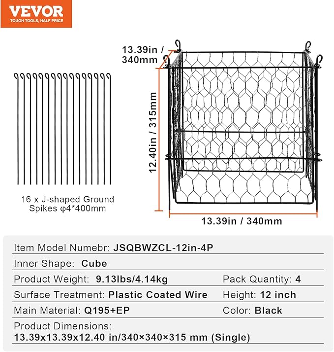 VEVOR 4 Pack Plant Protectors from Animals, 13.4'' x 13.4'' Chicken Wire Plant Protector, Plant Cages for Outdoor Plants, Flowers & Vegetables, Keeps Bunny Chicken Squirrels Out, 16pcs Metal Mesh