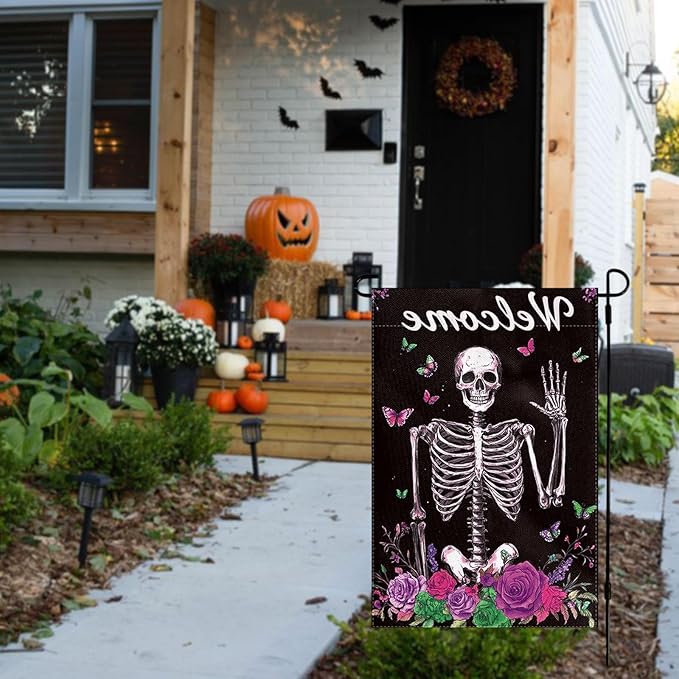 Halloween Garden Flag 12 x 18 Inch Double Sided Skeleton Rose Butterfly Designs Welcome Fall Autumn Burlap Yard Flag for Outside Rustic Yard Outdoor Holiday Home Decoration