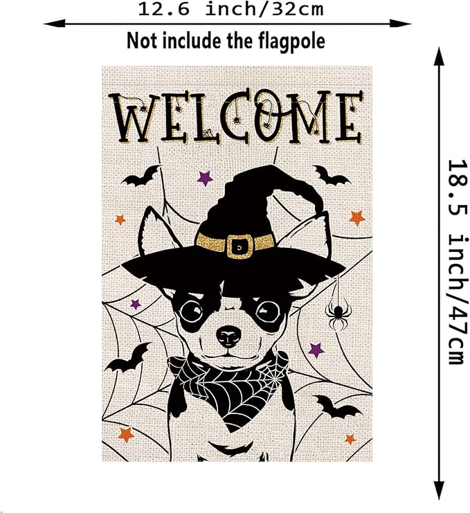 Halloween Garden Flag Chihuahua Cobweb Bats Double Sided Vertical Welcome Flag Seasonal Holiday Outdoor Yard Lawn Party Decorations 12.5 x 18 Inch