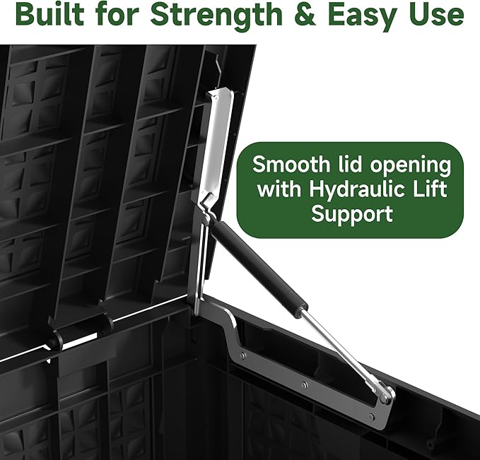 100 Gallon Outdoor Storage Box Waterproof, UV Resistant Resin Deck Box with Hydraulic Rod, Reinforced Stability for Patio, Garden, Quad Leaf Black