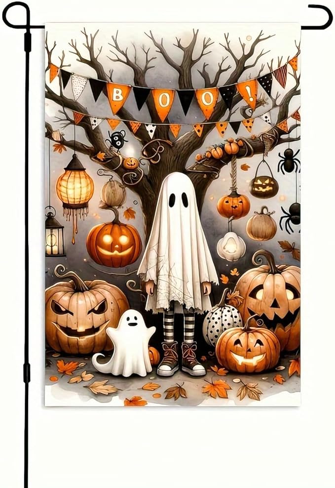 Halloween Ghost Garden Flag 12x18 Inch Double Sided Vertical Flag Spooky Pumpkin Garden Flag for Outside, Halloween Decoration for Home, Fall Porch Lawn Patio Banner