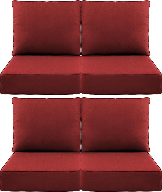 Luxury 6" Outdoor Cushions for Patio Furniture, 24x24x6 Thick Seat Cushion Set of 4, Fade Resistant Couch Chair Replacement Cushions High Density Deep Wicker Chair Cushion w/Removable Cover, Red