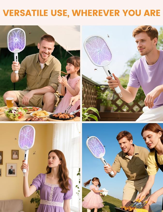 Electric Fly Swatter Foldable Bug Zapper Racket with 4000V 1800mAh Rechargeable Battery 5-Layer Safety Mesh Dual Modes with Mosquito Light Suitable for Indoor or Outdoor Use (White)