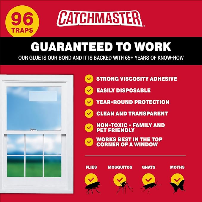 Catchmaster Window Fly Traps 96-Pack, Fruit Fly Traps for Indoors, Disposable Bulk Bug Catcher, Waterproof Insect Glue Trap, Adhesive Strips, Pet Safe Pest Control for Home, Kitchen, & Garage