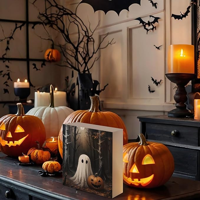 Mtrgdn Halloween Decor,Halloween Decorations Indoor,Spooky Ghost Pumpkin Desk Decor Wooden Box Sign,Halloween Home Office Kitchen Bathroom Bedroom Coffee Table Shelf Wall Decorations,5x5 In