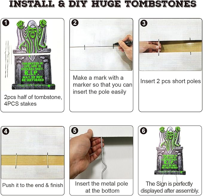 Large Halloween Tombstones Decorations Outdoor Yard Signs, 6Pcs 16"x25" Light Up Tombstones for Graveyard Displays, Glow in The Dark Cemetery Props, Waterproof and Reusable for Parties