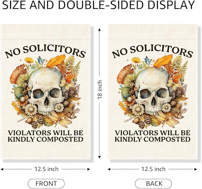 No Soliciting Garden Flag, Funny Halloween Floral Skeleton Yard Sign for Outside, House Porch Fall Outdoor Decor for Gardener, No Solicitors Sign, Go Away Sign, Gardening Gifts for Family Friend