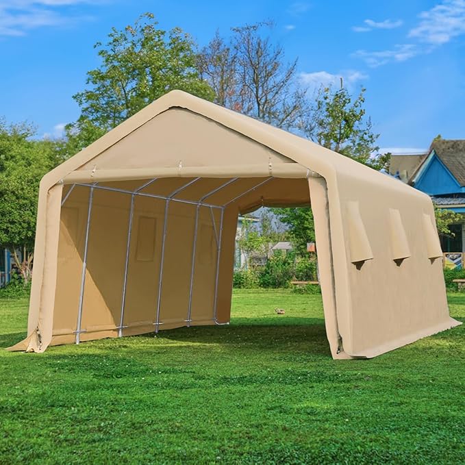 ADVANCE OUTDOOR 13x20 ft Carport 2 Roll up Doors & Vents Outdoor Portable Storage Shelter Garage Tent for Vehicle Boat Truck Anti-UV Snow Resistant Waterproof, Beige