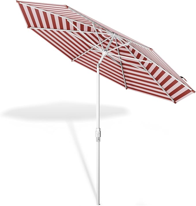 Midtown Umbrellas The Swilt 9 Feet Patio Umbrella in Terylast Red Stripes (Red/White) Polyester Fabric - Fiberglass Ribs, Auto-Tilt Aluminum Frame For Backyard, Deck, Garden, Pool - White Pole