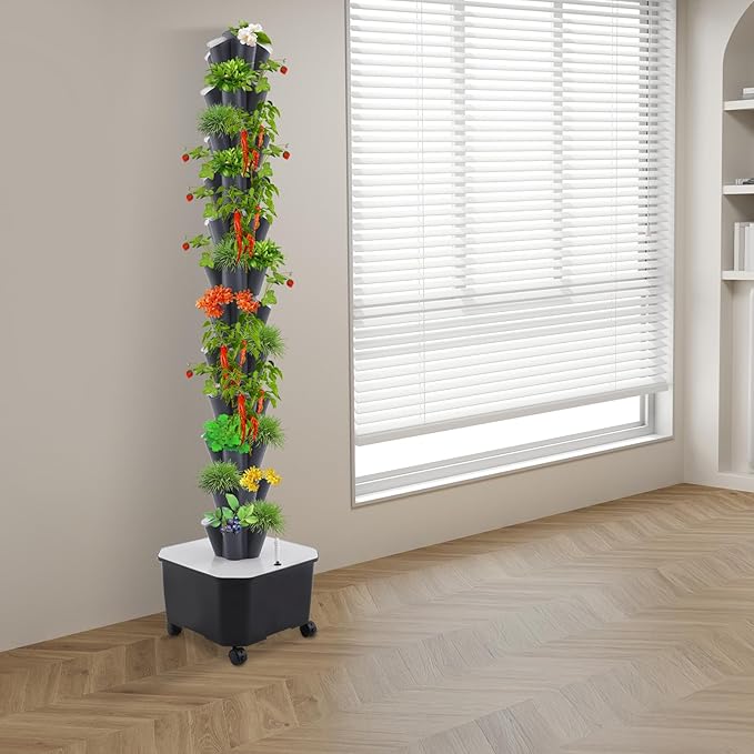 Hydroponic Growing Tower, 12 Layer 60 Pods Hydroponic Grow Towers Kit with Water Pump and Movable Water Tank, Plant Germination Kit with 4 Wheels, for Vegetable, Strawberries, Lettuce