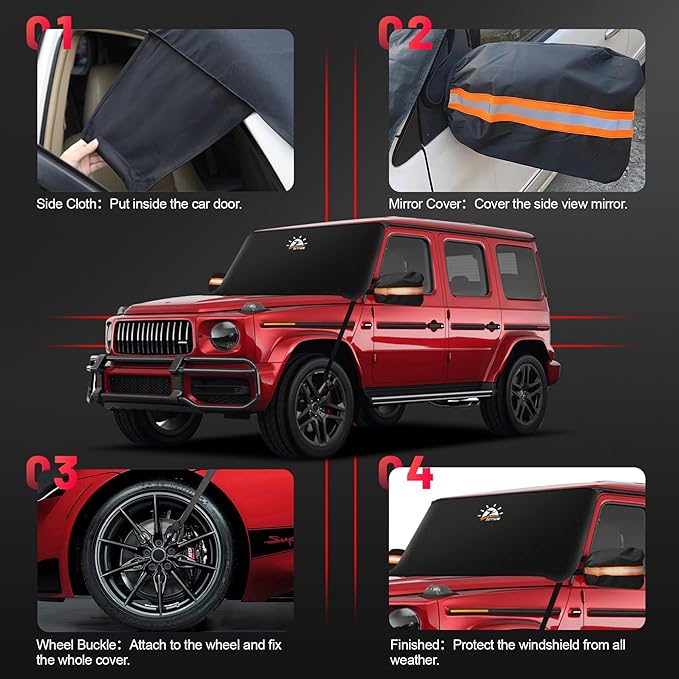 Zettum Car Windshield Cover for Ice and Snow - 600D Windshield Snow Cover with Side Mirror Cover Heavy Duty, Standard Winter Frost Hail Protector for Most Car, Truck, SUV, Van and MPV (70 x 50 Inch)