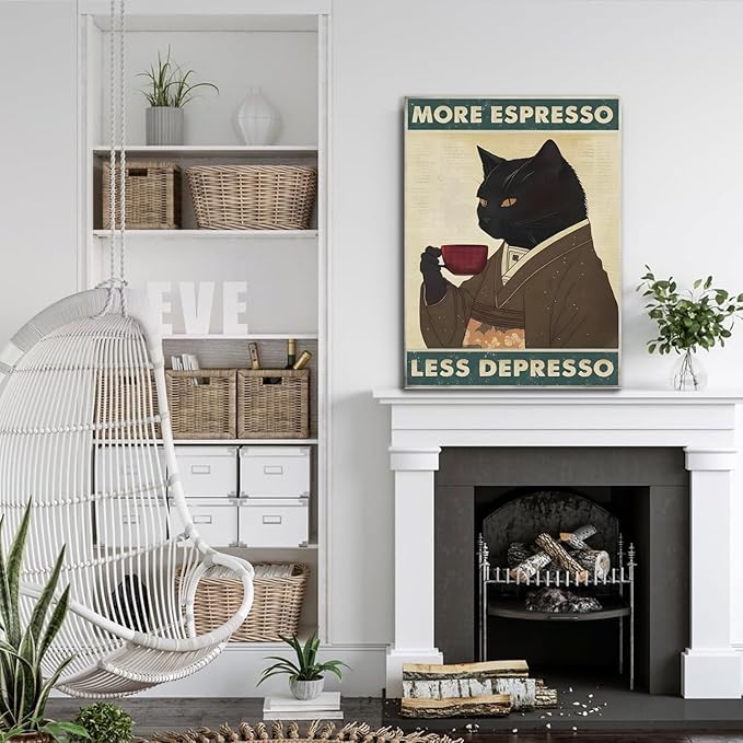 Black Cat Coffee Canvas Framed Wall Art Print, Funny Animal Picture Painting, 11.5x15 inches, Wall decor for Living Room, Bedroom, Bathroom