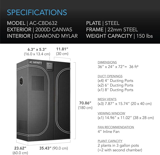 AC Infinity CLOUDLAB 632D 2-in-1 Advance Grow Tent, 36”x24”x72” Thickest 1 in. Poles, Highest Density 2000D Diamond Mylar Canvas, 3x2 for Hydroponics Indoor Growing