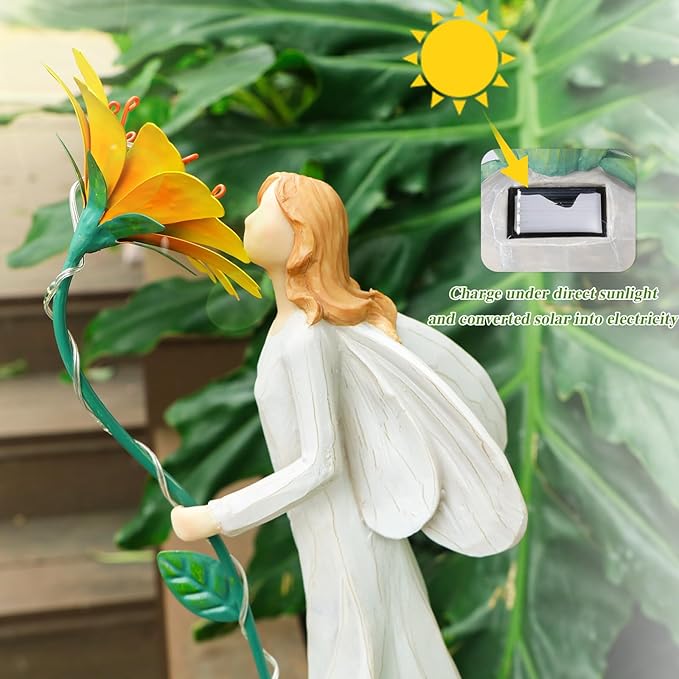 Fairy Garden Statue Outdoor Decor, Solar Powered Garden Sculptures Fairy Resin Statues Waterproof Yellow Flower Solar LED Lights Yard Art Decorations for Outside Patio Lawn Decor