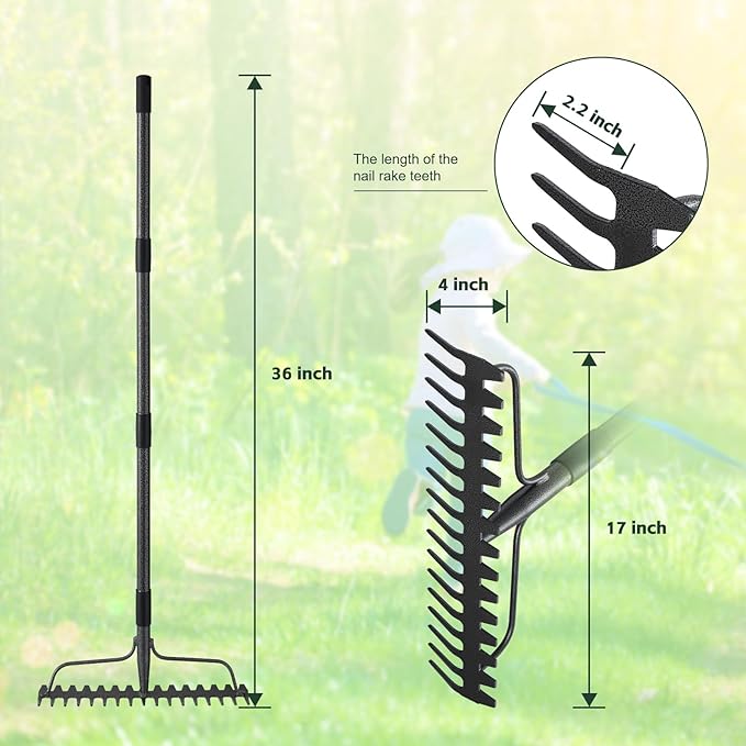 36'' Heavy Duty Garden Rake with Stainless Steel Handle, Metal Head for Loosening Soil, Gathering Leaves, Leveling Lawns