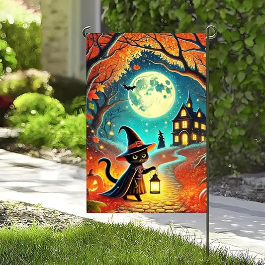 Halloween Garden Flag 11.81 x 17.72 Inch Black Cat in Witch Hat with Lantern Full Moon Haunted House Pumpkins and Autumn Leaves Outdoor Yard Decoration