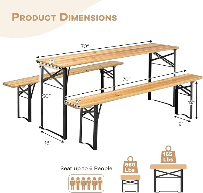 NAFORT 6FT Picnic Table Set, 3-Piece Folding Beer Table & Bench, Portable Wooden Picnic Tables for Outdoors Dining Table Set w/Metal Frame for Patio Garden