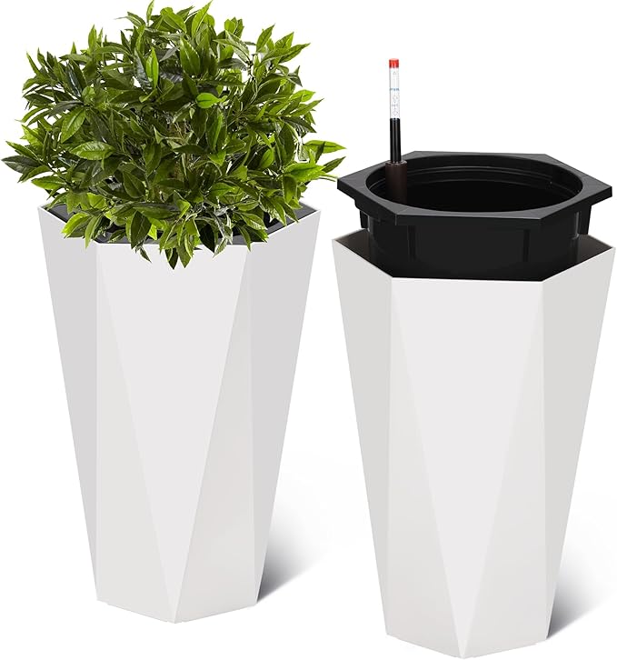23 Inch Tall Outdoor Planters Set of 2, Self Watering Pots for Indoor Plants with Water Level Monitor & Drainage Hole & Wheels, Large Planter Pots for Garden, Patio, Balcony, White